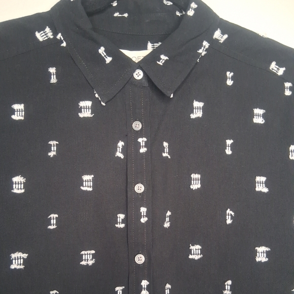 LOFT Black Button-Up Long Sleeve Shirt White Embroidery Accents Preppy Boho Sz L - Picture 4 of 15